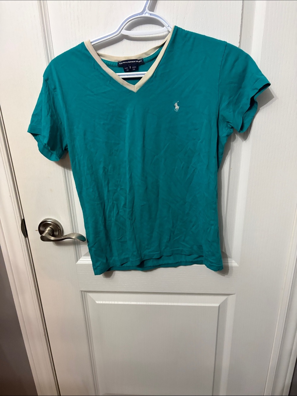 Ralph Lauren Teal V-Neck Tee with Cream Trim